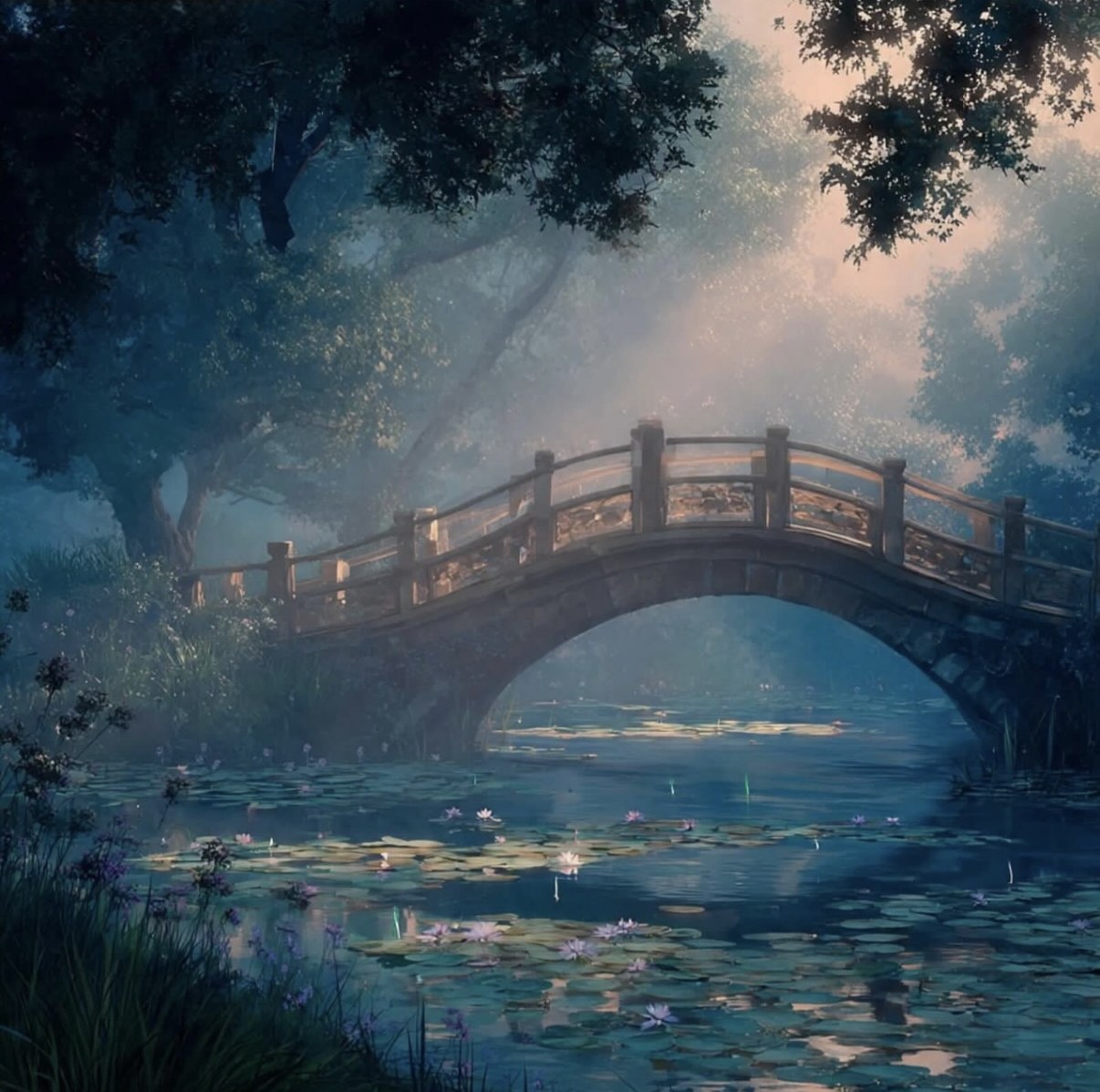 A misty stone bridge over a lily pond at dusk